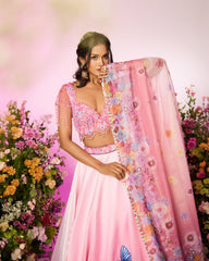 Pink Flower Printed Embroidered Lehenga Set