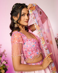 Pink Flower Printed Embroidered Lehenga Set