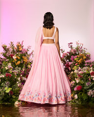 Pink Flower Printed Embroidered Blouse Lehenga Set