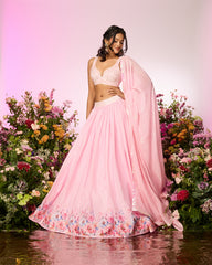 Pink Flower Printed Embroidered Blouse Lehenga Set
