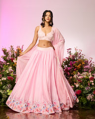Pink Flower Printed Embroidered Blouse Lehenga Set