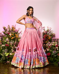 Pink Flower Printed Embellished Lehenga Set
