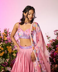 Pink Flower Printed Embellished Lehenga Set