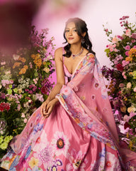 Pink Flower Printed Embellished Lehenga Set