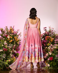 Pink printed Anarkali Embellished Set