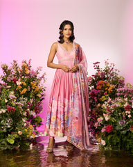 Pink printed Anarkali Embellished Set