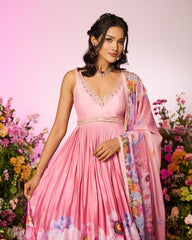 Pink printed Anarkali Embellished Set