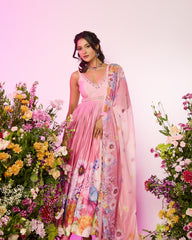 Pink printed Anarkali Embellished Set