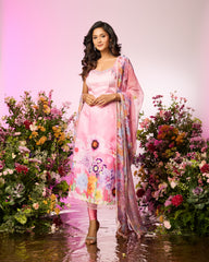 Pink Crystal Flower Embellished Kurta Set