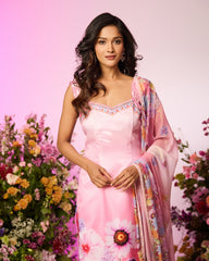 Pink Crystal Flower Embellished Kurta Set
