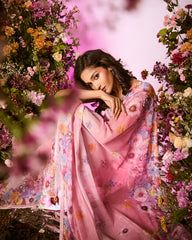 Pink Flower Printed Embellished Predrape Saree Set