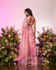 Pink Flower Printed Embellished Predrape Saree Set