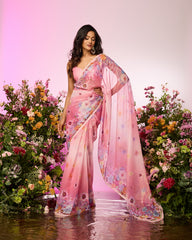 Pink Flower Printed Embellished Predrape Saree Set