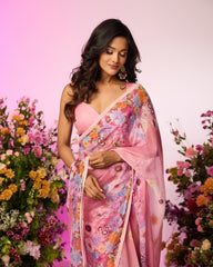 Pink Flower Printed Embellished Predrape Saree Set