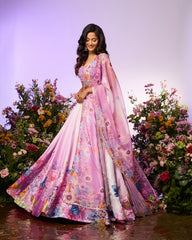 Lavender Floral Printed Embroidered Lehenga Set