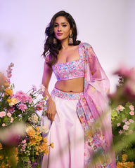 Lavender Floral Printed Embroidered Lehenga Set