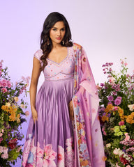 Lavender Floral Printed Embellished Anarkali set