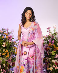 Lavender Crystal Flower Embellished Kurta Set