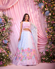 Rose Ice Blue & Pink Embroidered Lehenga Set