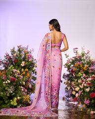 Lavender Rainbow Flower Embellished Predrape Saree Set