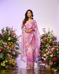 Lavender Rainbow Flower Embellished Predrape Saree Set