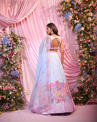 Rose Ice Blue & Pink Embroidered Lehenga Set