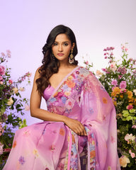 Lavender Rainbow Flower Embellished Predrape Saree Set