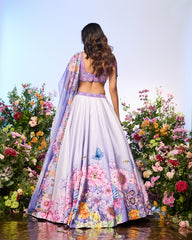 Lilac Blue Crystal Printed Embroidered Lehenga Set