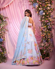 Rose Ice-Blue Printed & Embroidered Lehenga Set