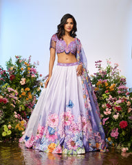 Lilac Blue Crystal Printed Embroidered Lehenga Set