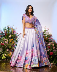 Lilac Blue Crystal Printed Embroidered Lehenga Set