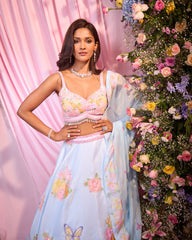 Rose Ice-Blue Printed & Embroidered Lehenga Set
