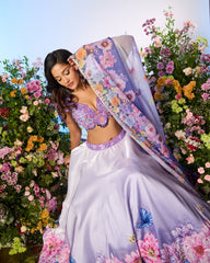 Lilac Blue Crystal Printed Embroidered Lehenga Set