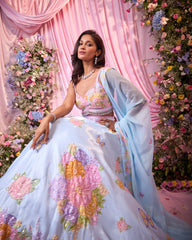 Rose Ice-Blue Printed & Embroidered Lehenga Set