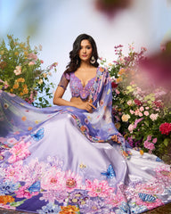 Lilac Blue Crystal Printed Embroidered Lehenga Set