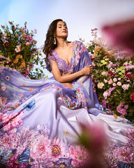 Lilac Blue Crystal Printed Embroidered Lehenga Set