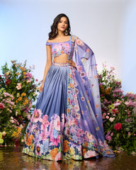 Lilac Blue Printed Embellished Lehenga Set