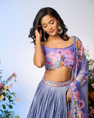 Lilac Blue Printed Embellished Lehenga Set