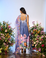 Lilac Blue Printed Embellished Anarkali Set