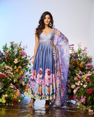 Lilac Blue Printed Embellished Anarkali Set