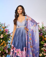Lilac Blue Printed Embellished Anarkali Set