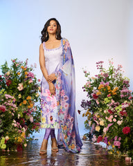 Lilac Blue Crystal Printed Embellished Kurta Set