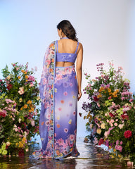 Lilac Blue Printed Embellished Predrape Saree Set