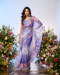 Lilac Blue Printed Embellished Predrape Saree Set