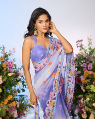 Lilac Blue Printed Embellished Predrape Saree Set