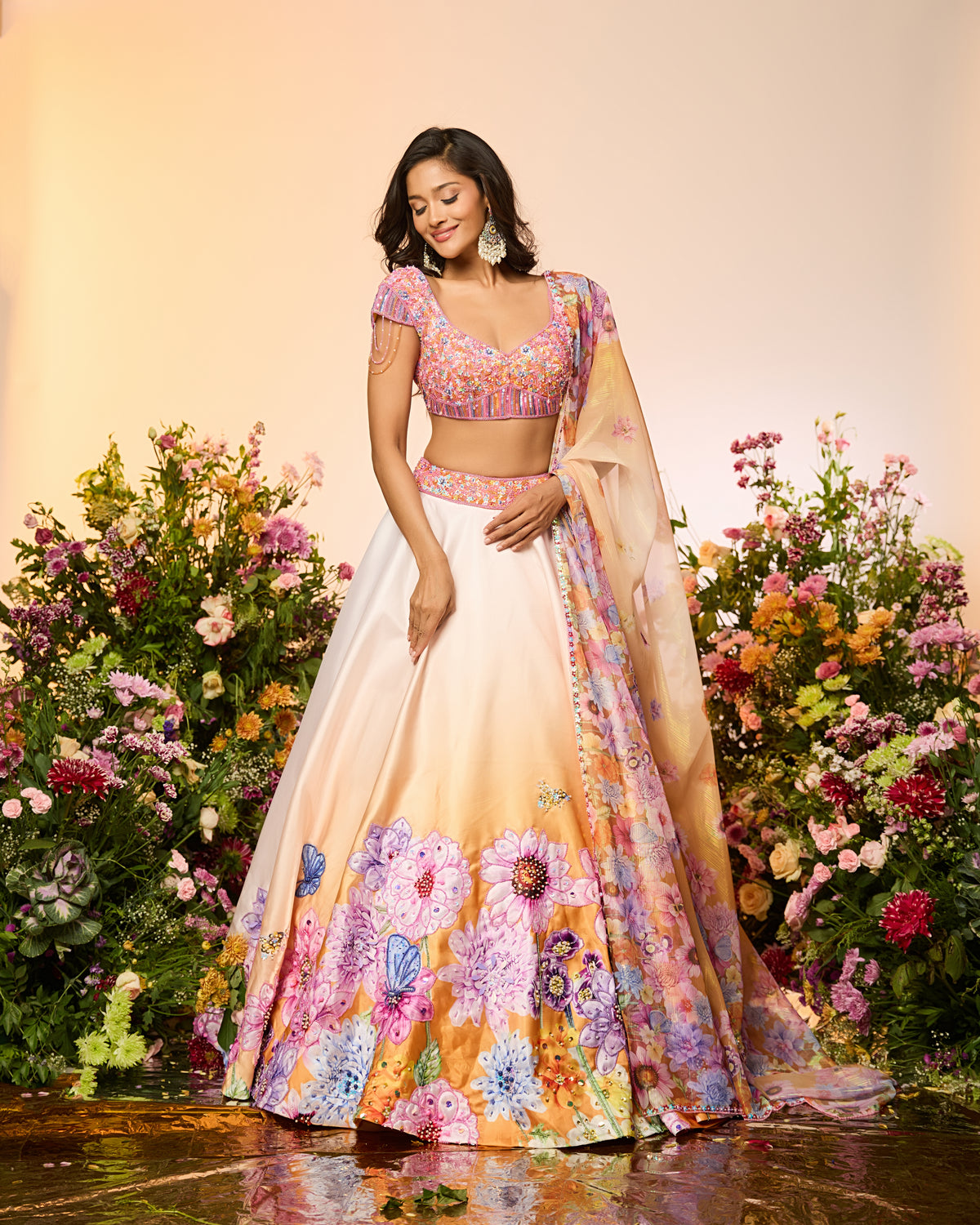 Ochre Yellow Crystal Printed Embroidered Lehenga Set