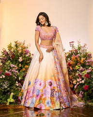 Ochre Yellow Crystal Printed Embroidered Lehenga Set