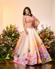 Ochre Yellow Crystal Printed Embroidered Lehenga Set