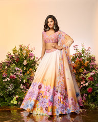 Ochre Yellow Crystal Printed Embroidered Lehenga Set