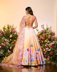Ochre Yellow Crystal Printed Embroidered Lehenga Set